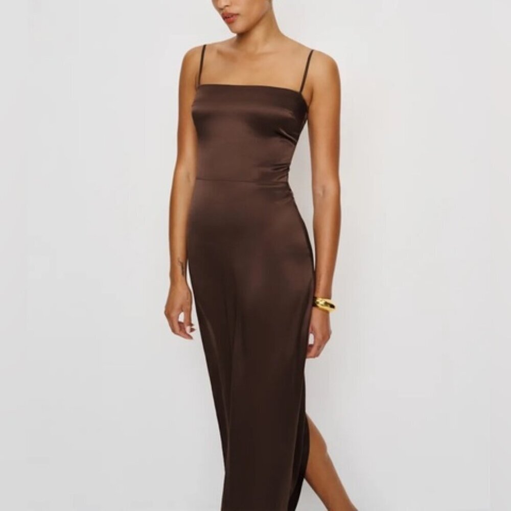 NEW Reformation Frankie Silk Maxi Navy Dress Gown Cafe Brown | US 0 UK 4 - Picture 3 of 13